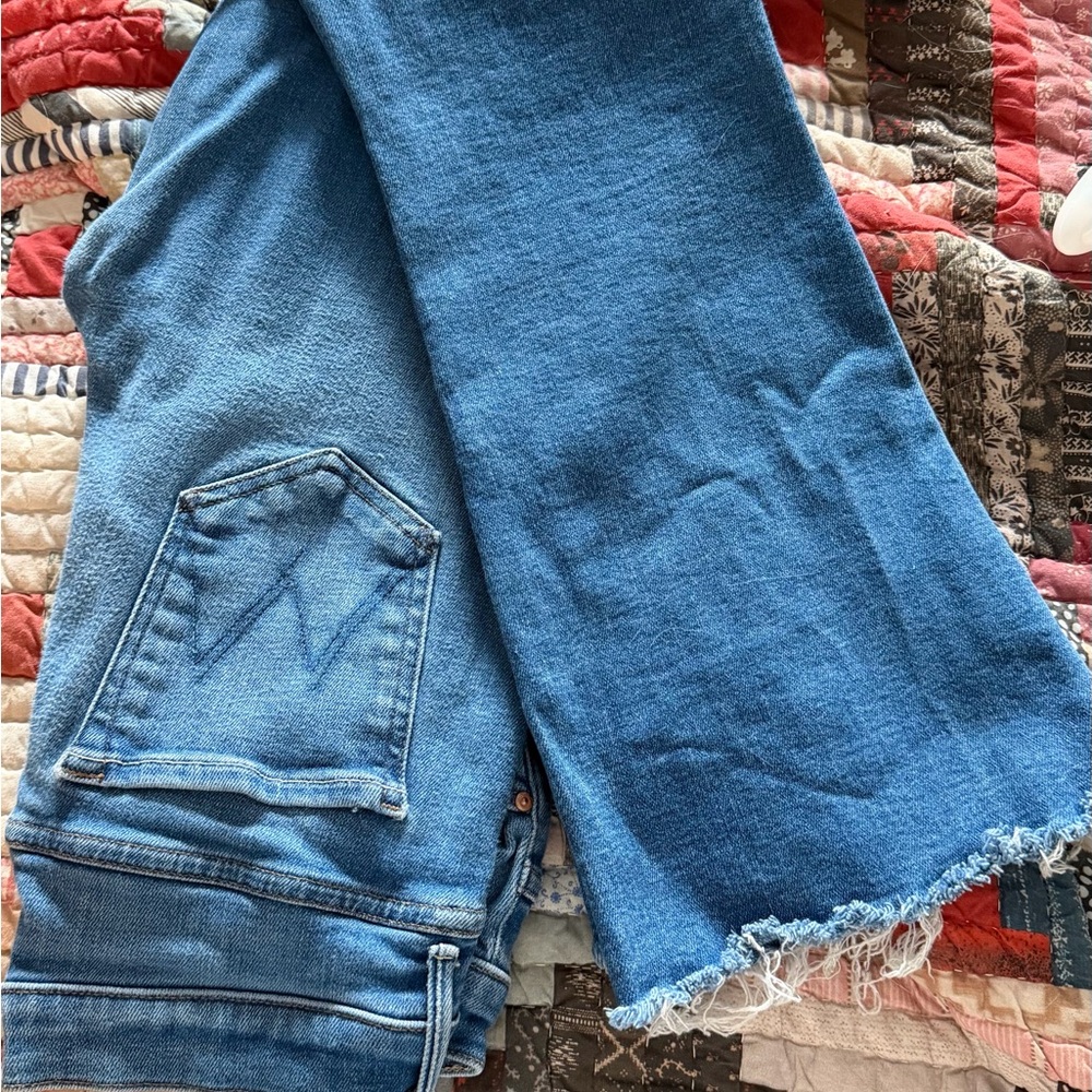 MOTHER Blue Wide-Leg Jeans with Frayed Hem